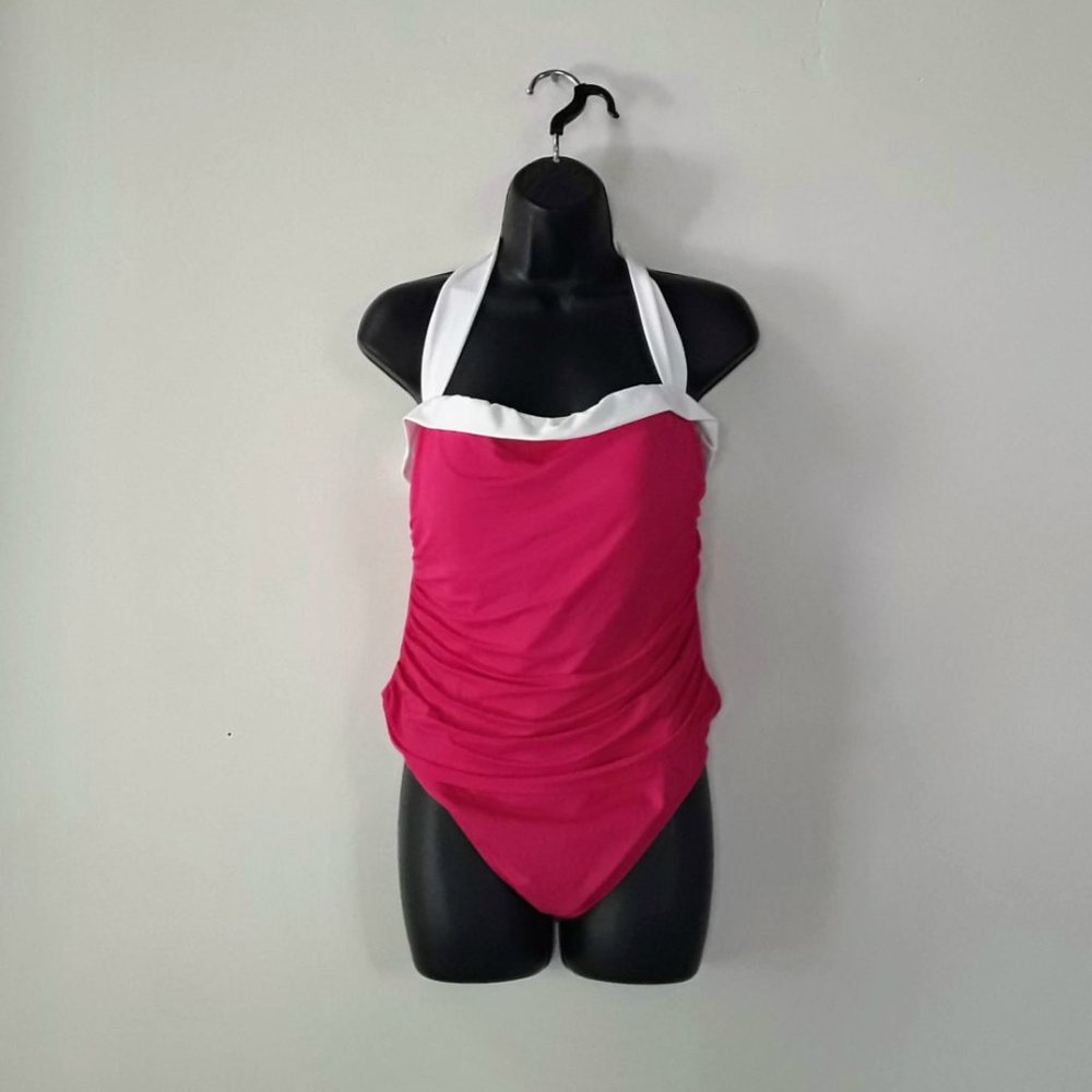 90s One Piece Swimsuit, Hot Pink, Bandeau Halter